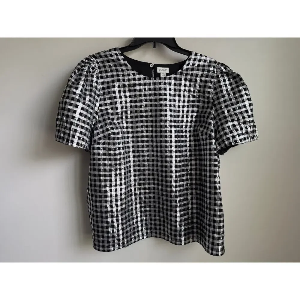 J. Crew Metallic Gingham Puff-Sleeve Blouse Top Black White Womens Size XXL NWT